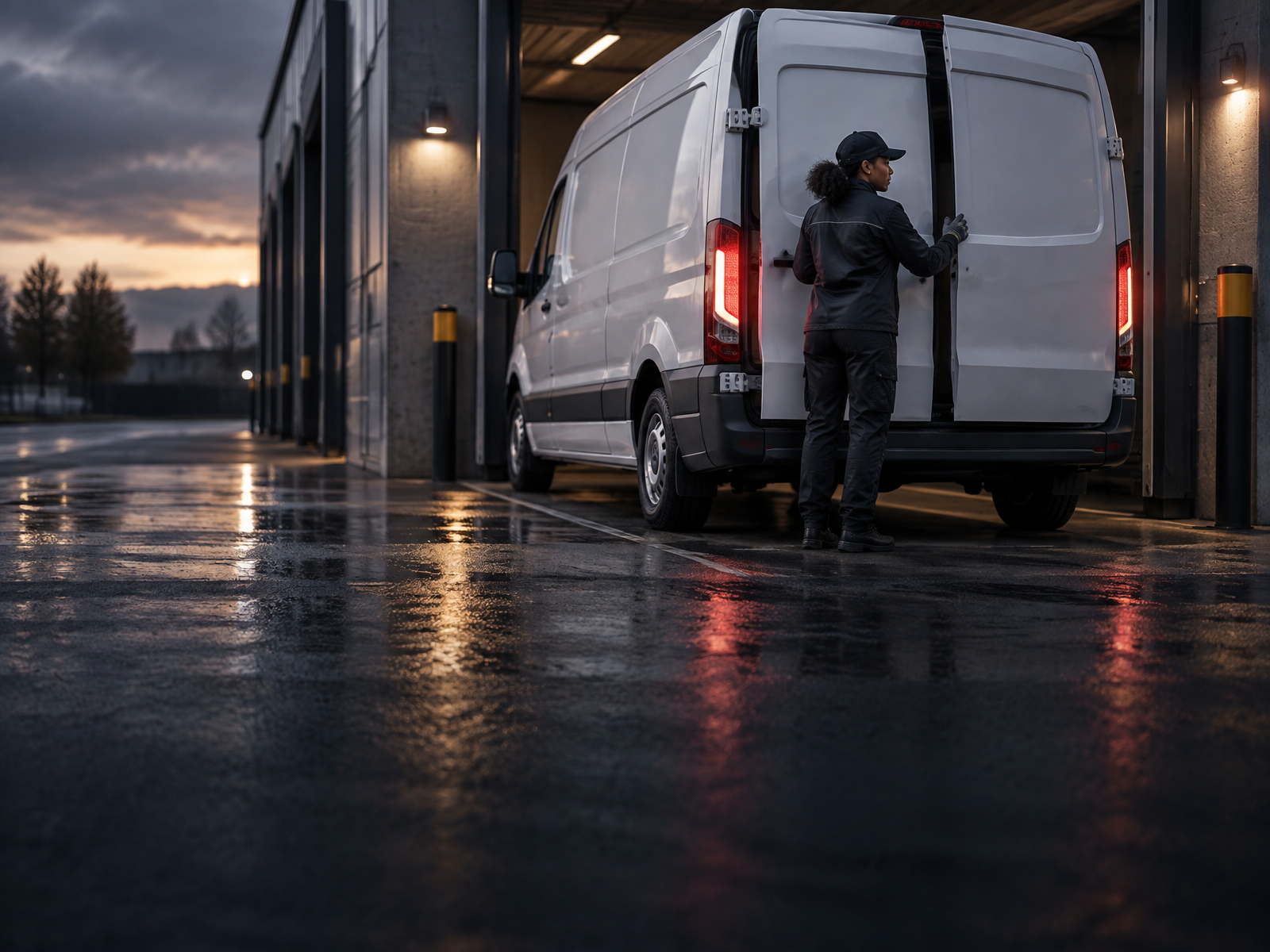 White cargo van backed into a dispatch bay at dusk as a driver closes the rear doors