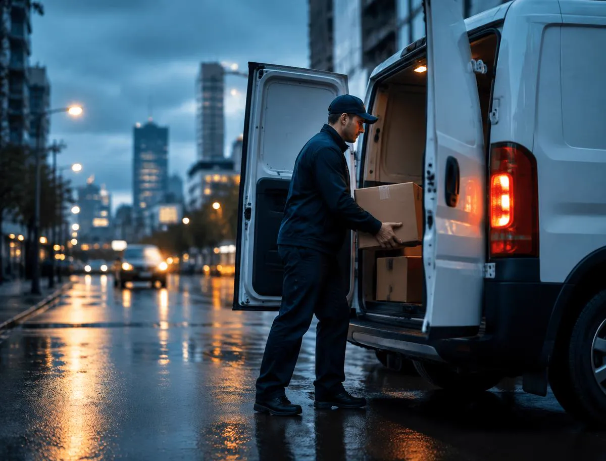 White cargo van on a wet city street at dusk for same-day delivery in Oklahoma