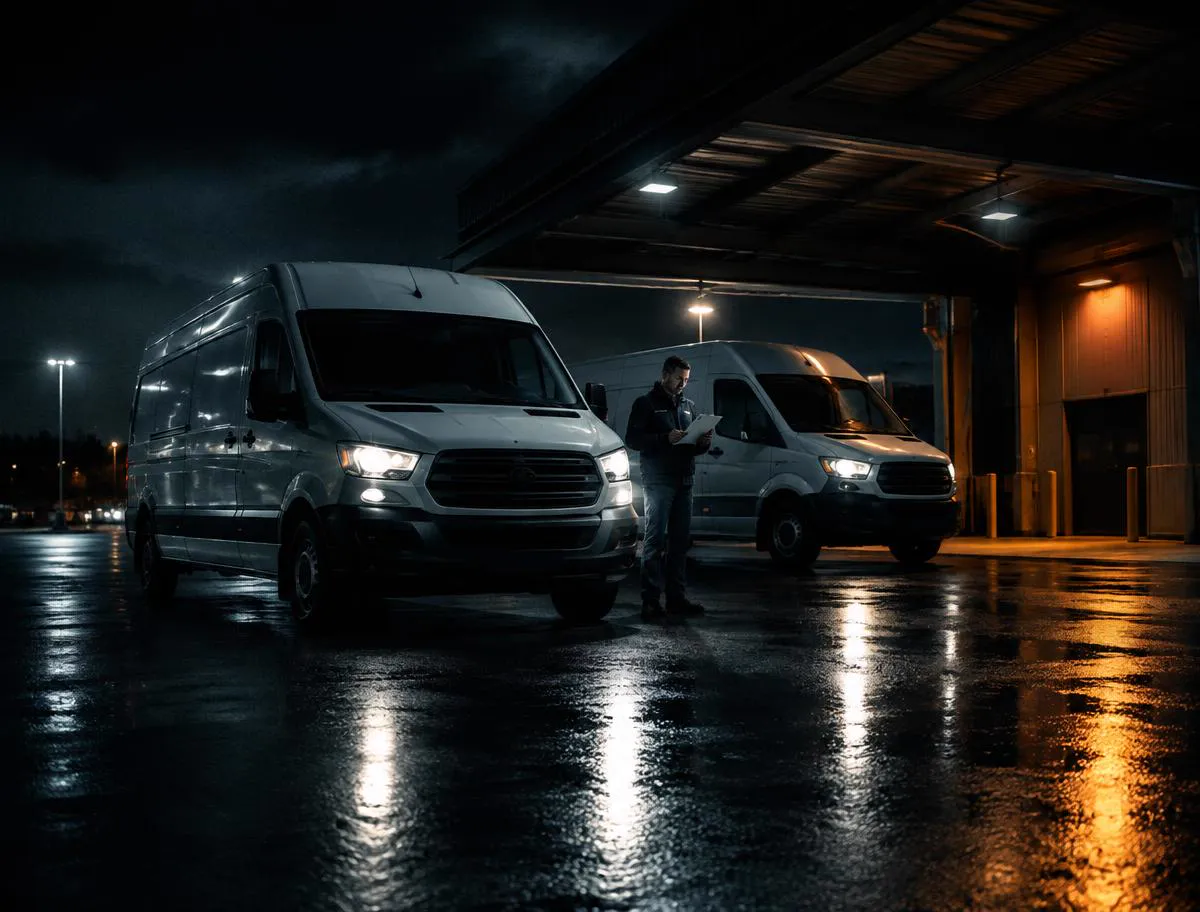 Two white cargo vans under a dispatch canopy while a coordinator reviews logistics paperwork