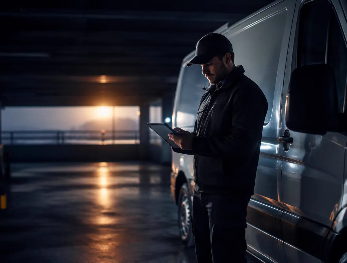 Driver loading sealed parcels into a clean white cargo van on a scheduled delivery route