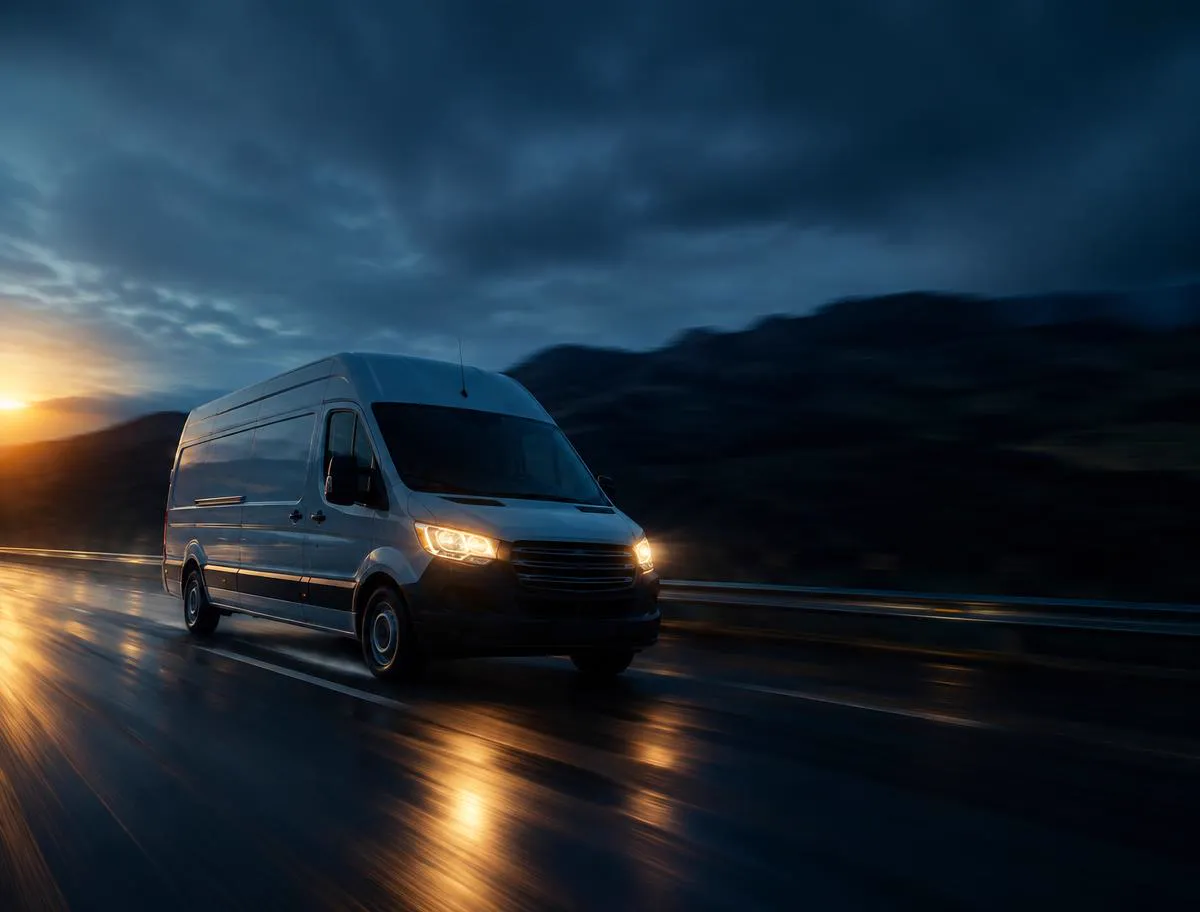 Courier moving quickly with an expedited package beside a cargo van at night