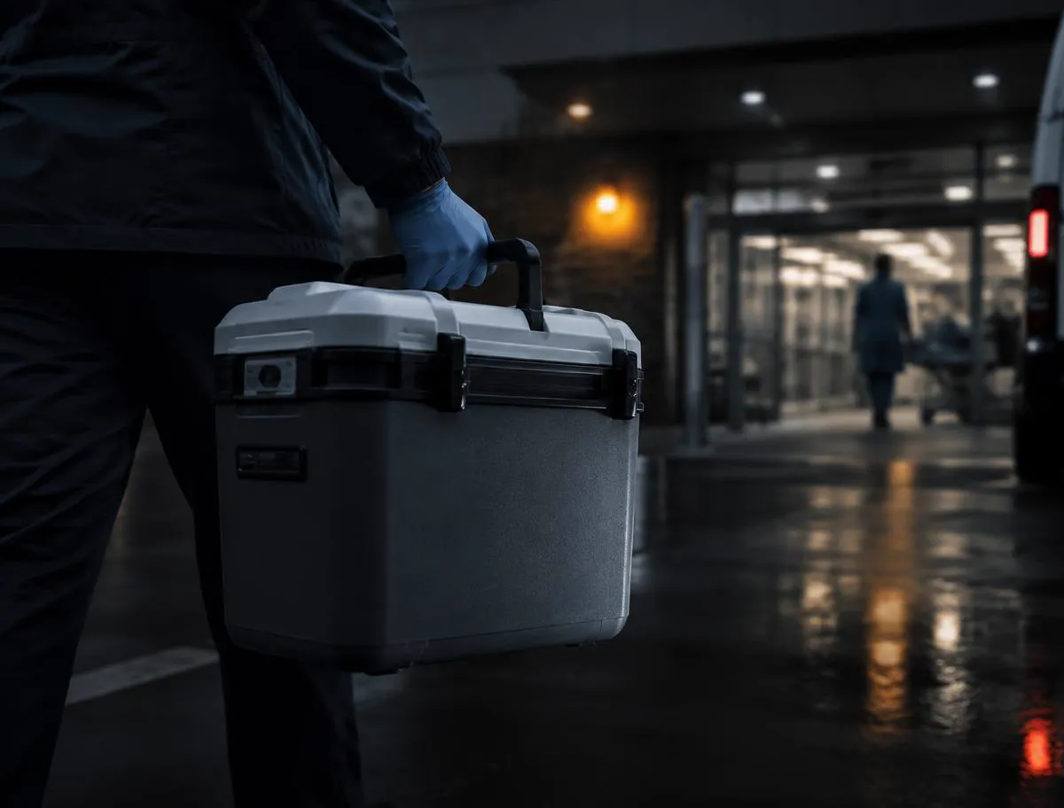 Gloved hands carrying a sealed medical specimen cooler at a hospital service entrance