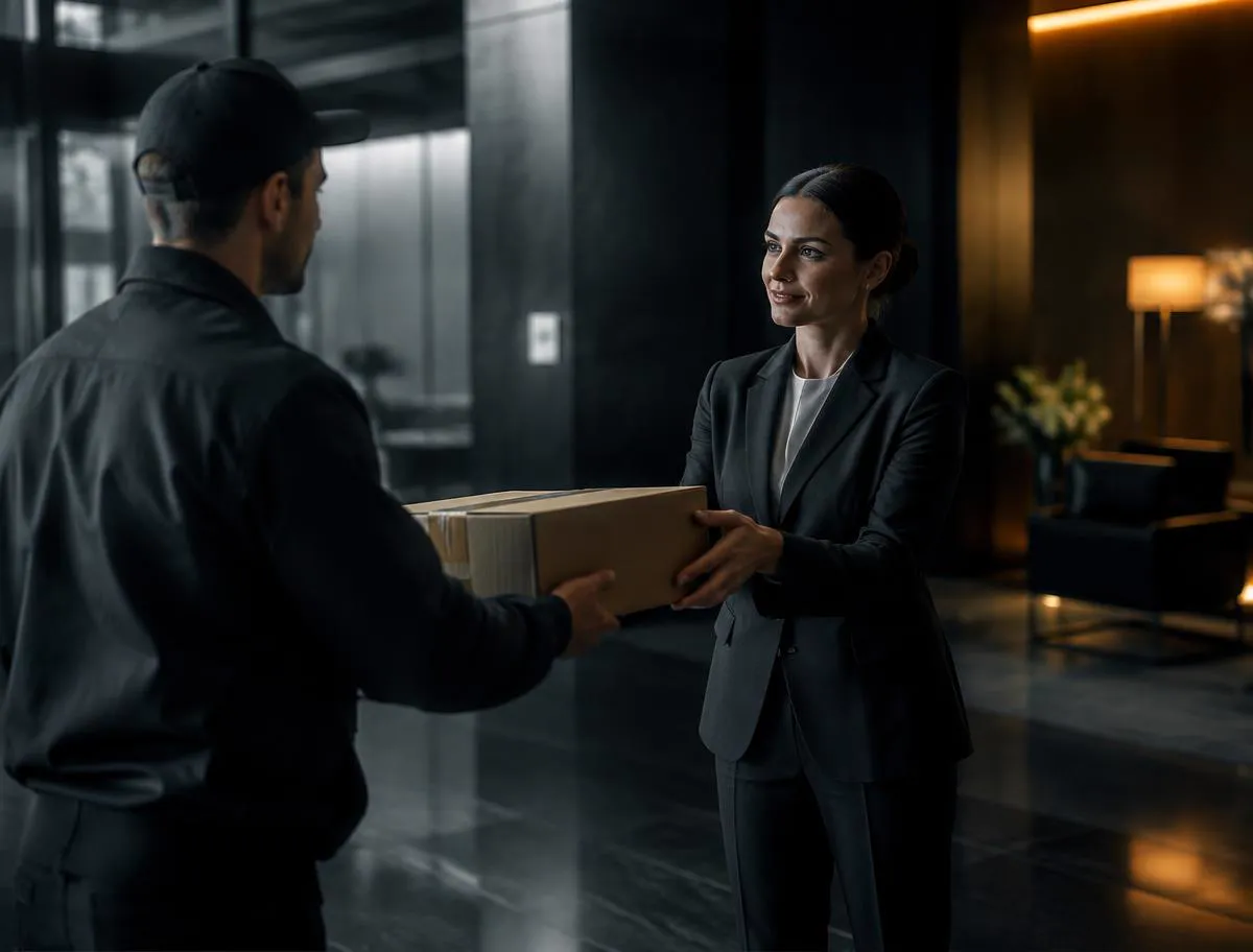 Business-to-business courier handing off a sealed package at an office loading area