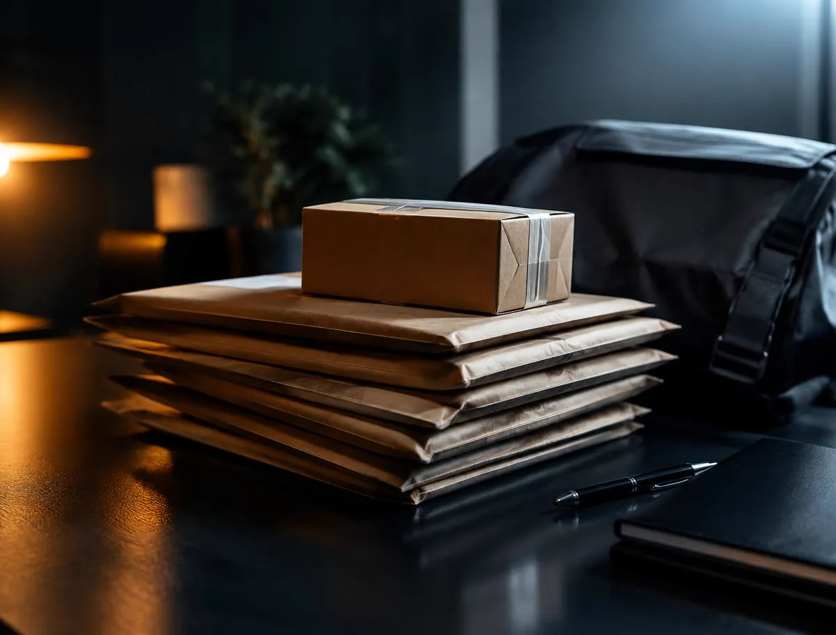 Stack of sealed document envelopes and a parcel prepared for secure courier delivery