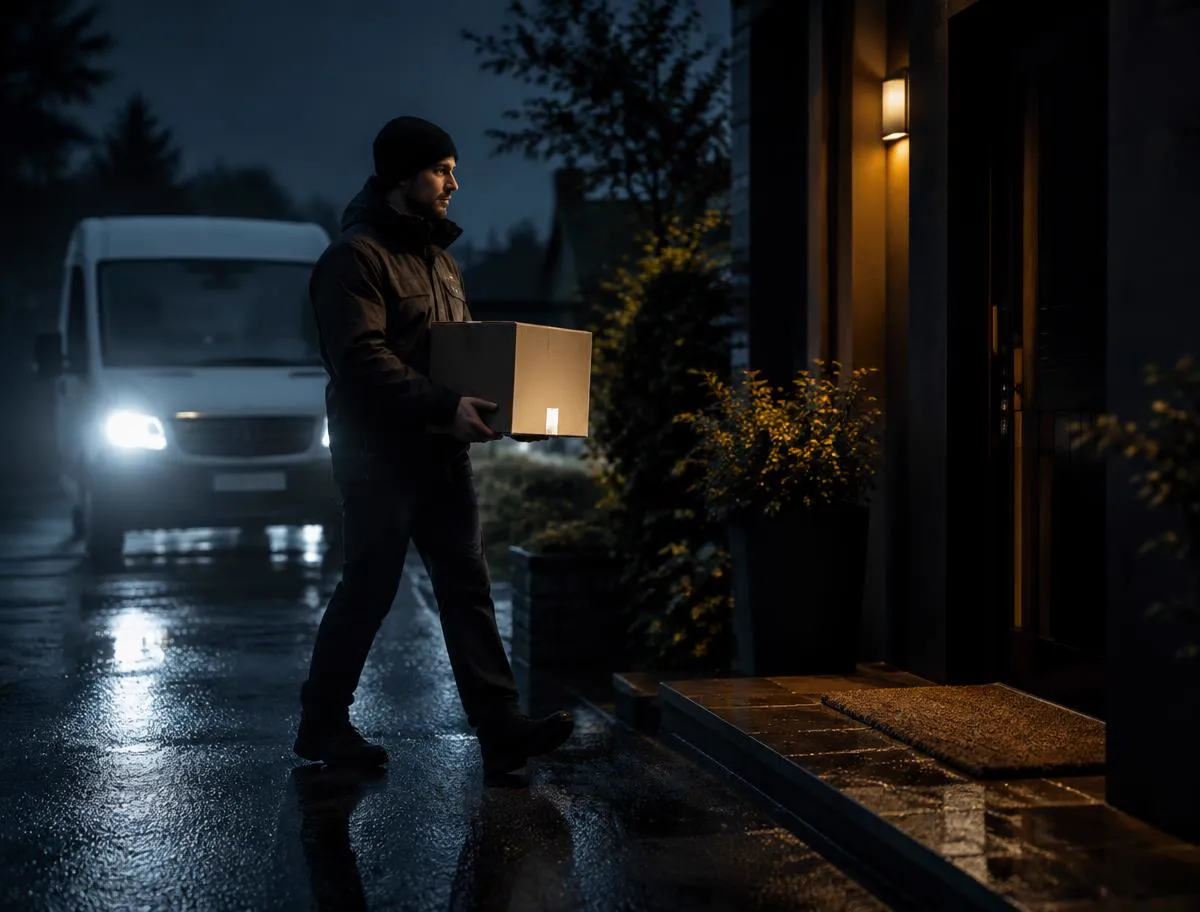 Courier carrying a package to a doorway on a last-mile delivery at night