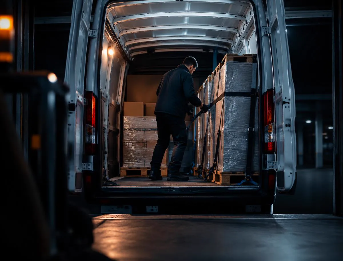 Interior of a white cargo van loaded and strapped with secured freight