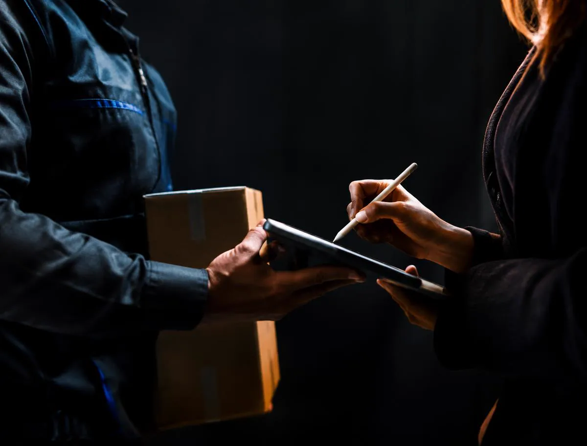 Recipient signing for a contract delivery on a tablet held by a uniformed courier